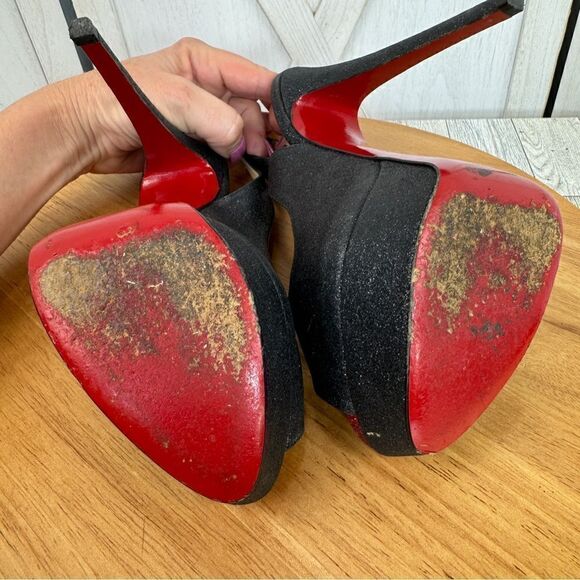 Christian Louboutin Lady Peep Glitter Platform Slingback Pumps Black Red 37.5 - Picture 10 of 16